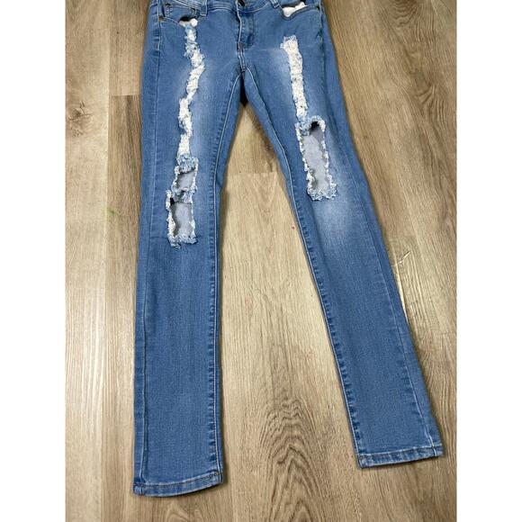 Fashion Nova Women's 7/8 Blue Distressed Ripped Skinny Jeans Mid Rise Stretch - Picture 4 of 8